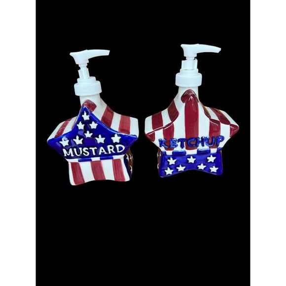 1999 Boston Warehouse American Flag Star Shape Mustard Ketchup Pump Set New - Picture 3 of 8